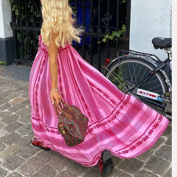 Pink Boho Women's Sleeveless Spaghetti Strap Flowy Beach Maxi Dress - Picture 5 of 6